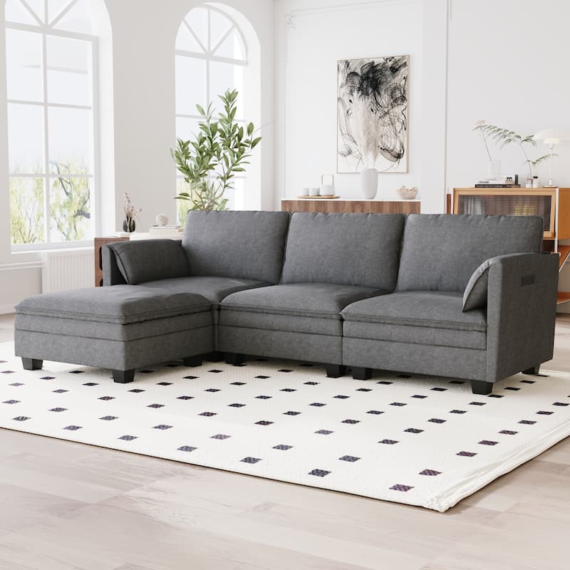 Christopher Knight Home - Noah 141.5" U-Shaped 6-Seater Sofa Couch with Movable Ottoman and Armrest Pockets, Fabric Upholstery