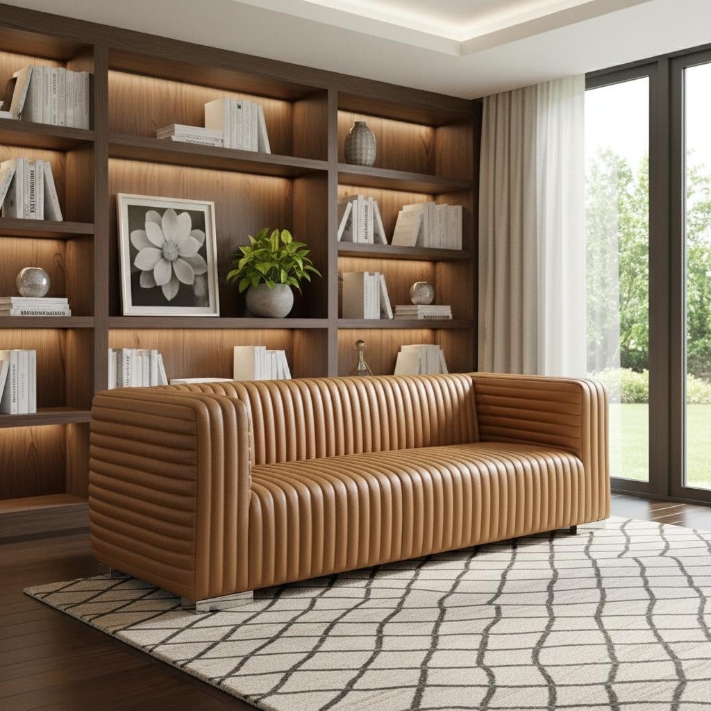 HomeRoots 83" Brown Leather Solid Wood Sofa