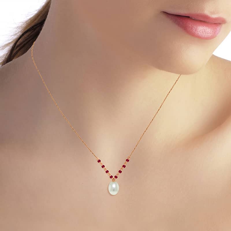 5 Carat 14K Solid Gold Elegant Necklace Natural Rubys with Pearl