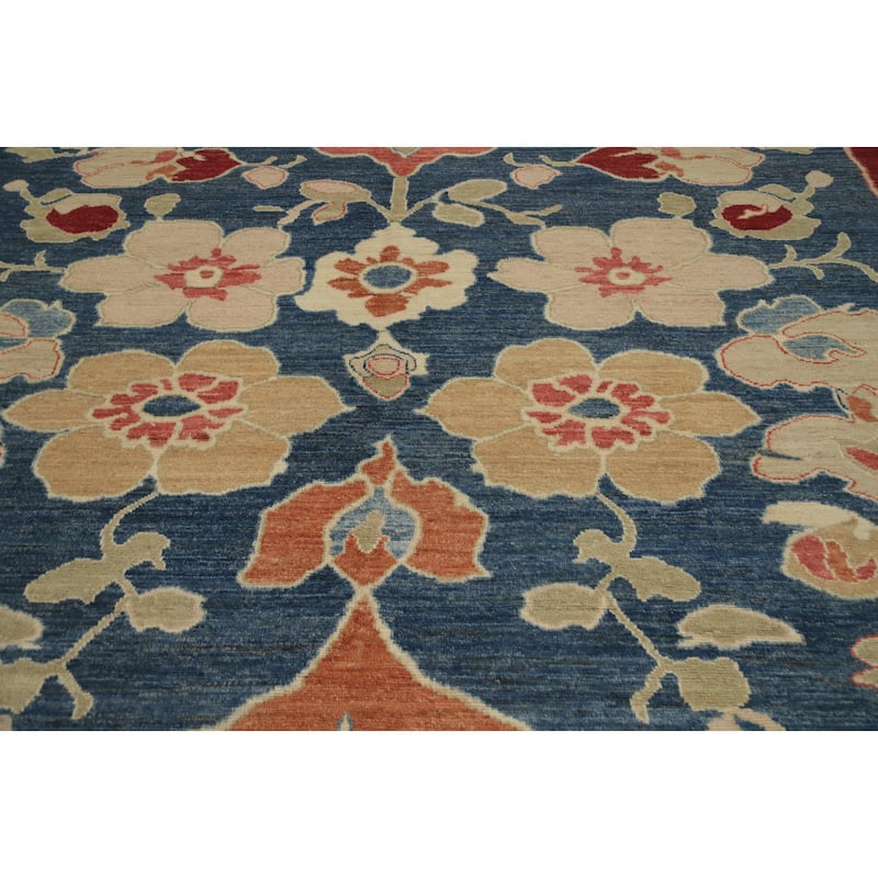 Hand Knotted Oriental 100% Wool Carpet Transitional Floral Navy Blue & Blues Oushak Area Rug - 13' 9'' X 10' 3''