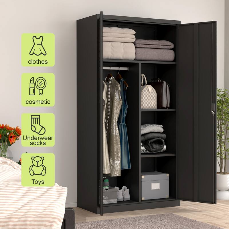 Anmytek Black Lockable Storage Cabinet with Hanging Rod and Adjustable Shelves Secure Wardrobe for Bedroom and Living Room
