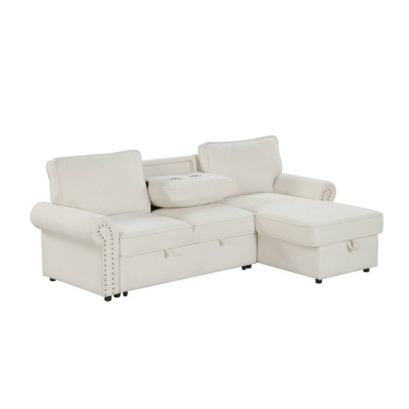 95" Convertible Sectional Sleeper Sofa with Storage Chaise, Pull-Down Tray & Cup Holders, Acacia Wood Frame (Polyester)