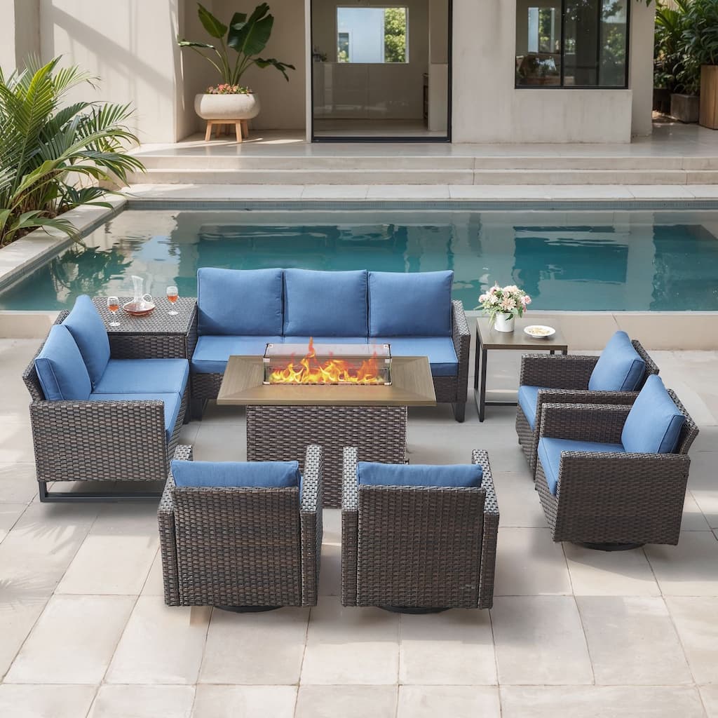 Gymojoy 9 Piece Wicker Outdoor Patio U-shaped feet Conversation Set Group , Include Fire Pit Table