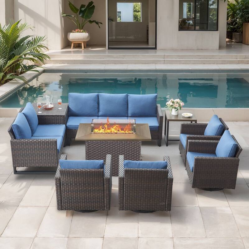 Gymojoy 9 Piece Wicker Outdoor Patio U-shaped feet Conversation Set Group , Include Fire Pit Table - Brown Wicker / Blue Cusion - 9-Piece