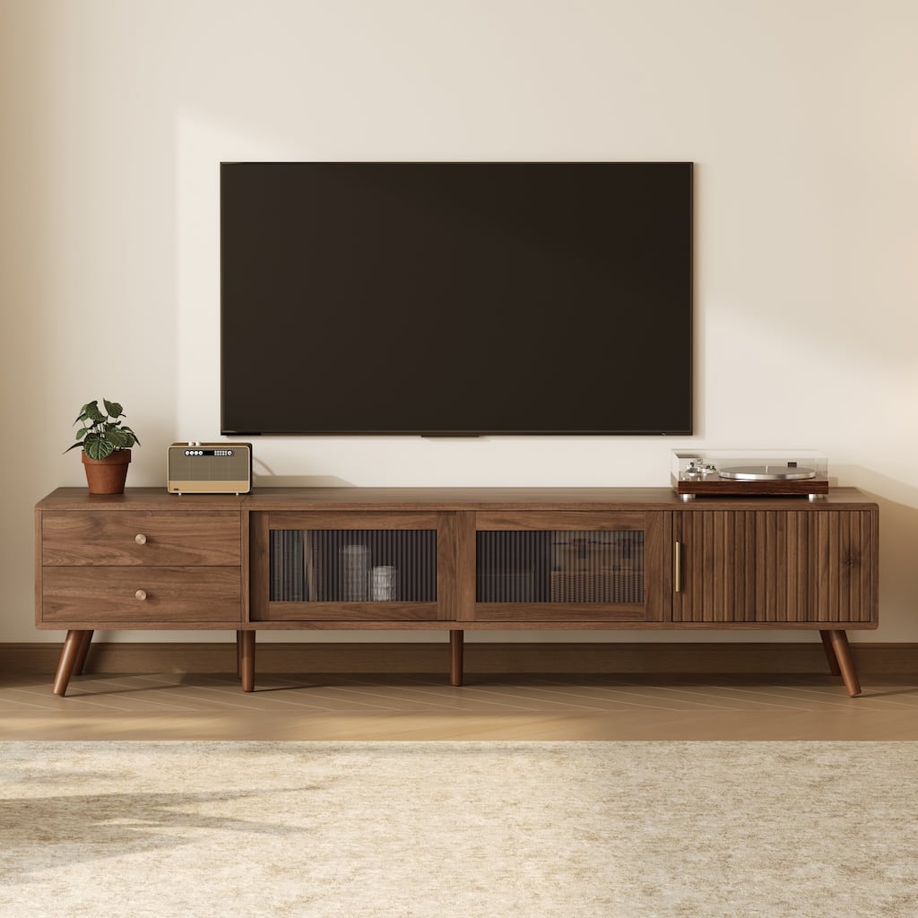 76" Modern Minimal Glass-Doors TV Stand for TVs up to 85 Inches, Wood-Grain Entertainment Center with Storage Cabinets