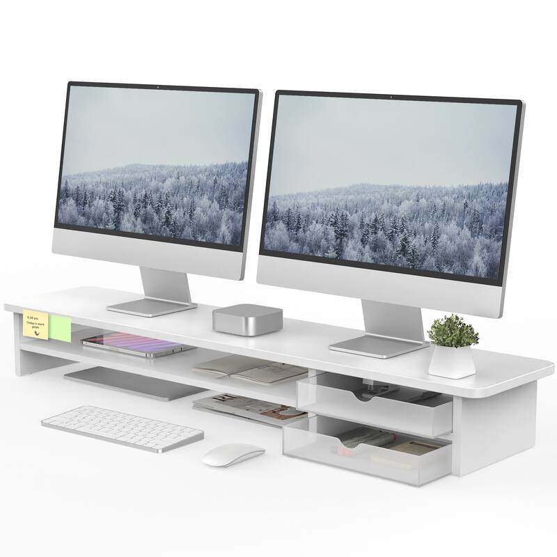 Fenge Dual Monitor Stand, 42.5inch Monitor Riser with Acrylic Drawer - White