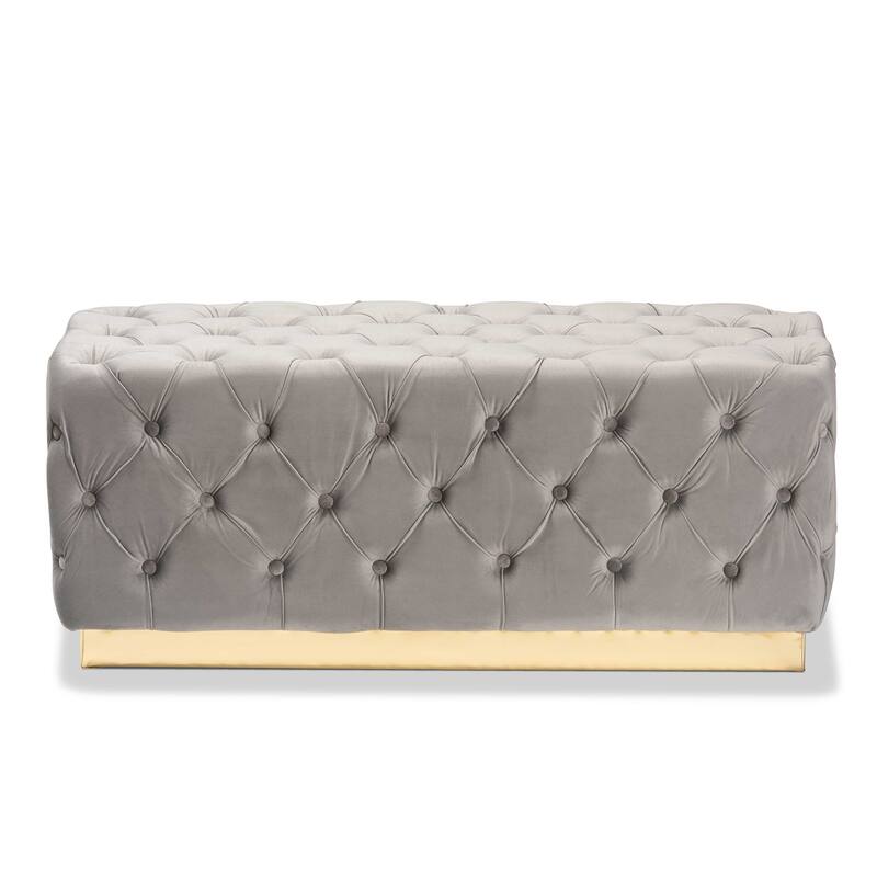 Corrine Glam and Luxe Velvet Fabric and Gold PU Leather Ottoman