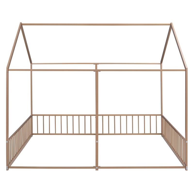 Twin Size Metal House Platform Bed with Roof, Windows, and Guardrails, 2-in-1 Bed Design, Easy Assembly