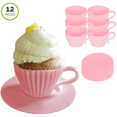 Evelots Baking Cupcake Teacup Set-Oven Safe Silicone-W/Saucers-2 Colors