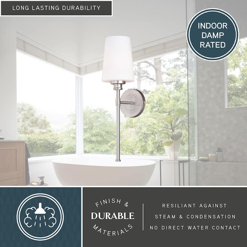 Clark 1 Light Satin Nickel Bathroom Wall Sconce White Glass - 5.25-in W x 19-in H x 7-in D