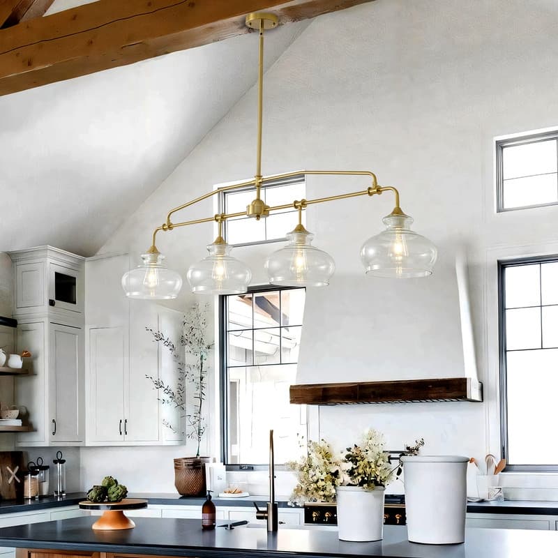Modern Brass Chandelier Kitchen Island Pendant Light with Glass Shades