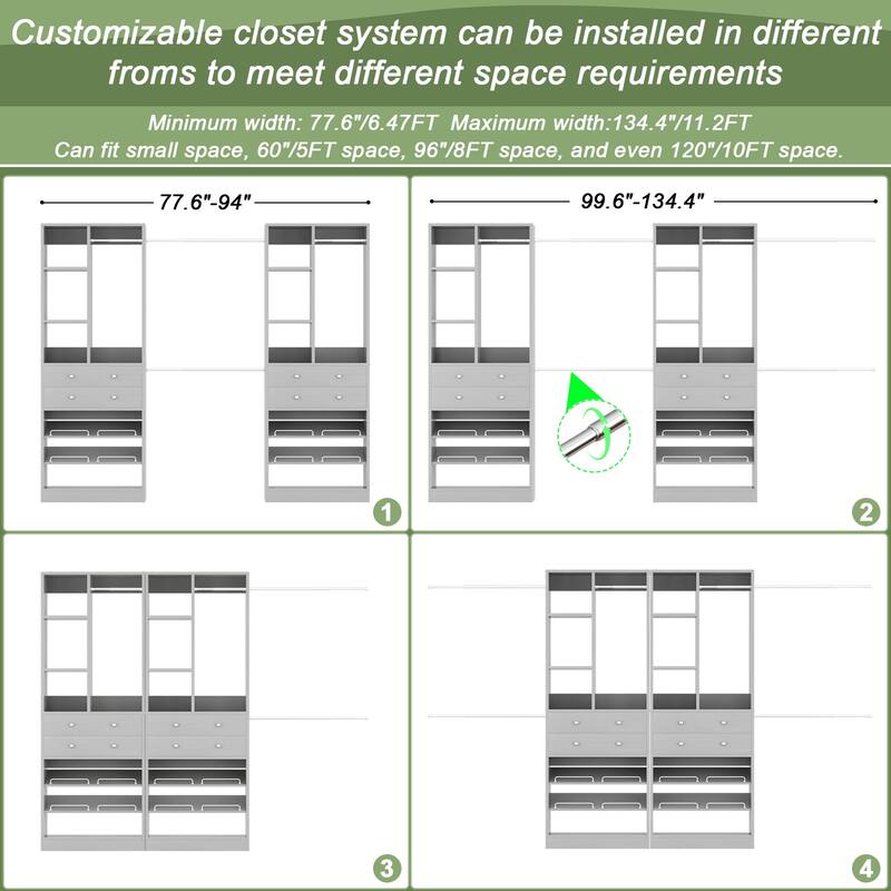 Set of 2 Closet System with 6 Hanging Rods and 4 Drawers, Adjustable Closet System with Shelves and Shoe Rack
