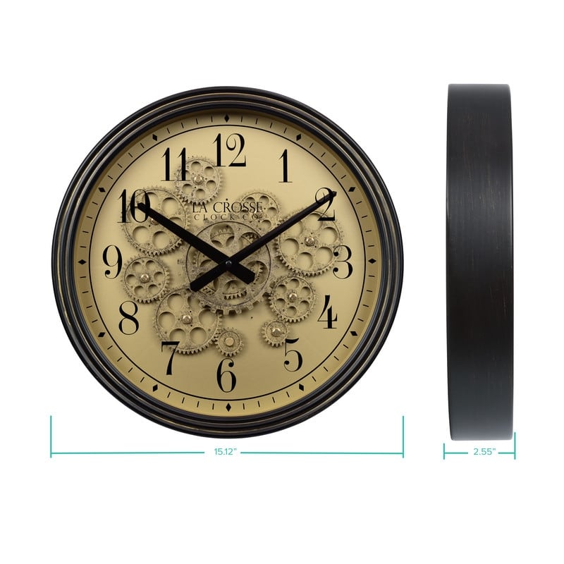 La Crosse 404-3439 15" Bronze Quartz Analog clock with Moving Gears