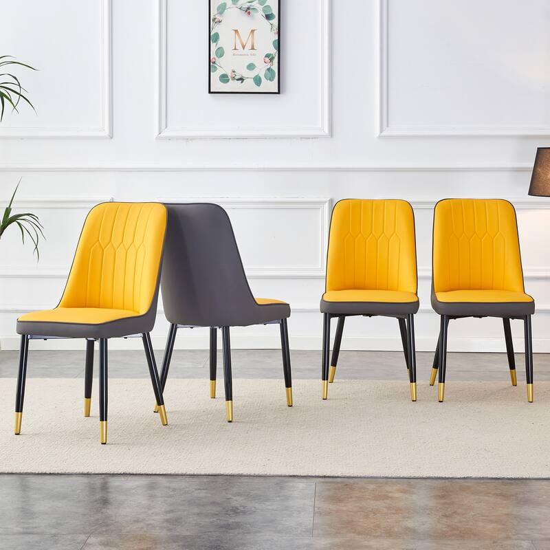A modern dining chair with orange yellow dark gray dual tone PU leather backrest and black metal legs, Set of 4