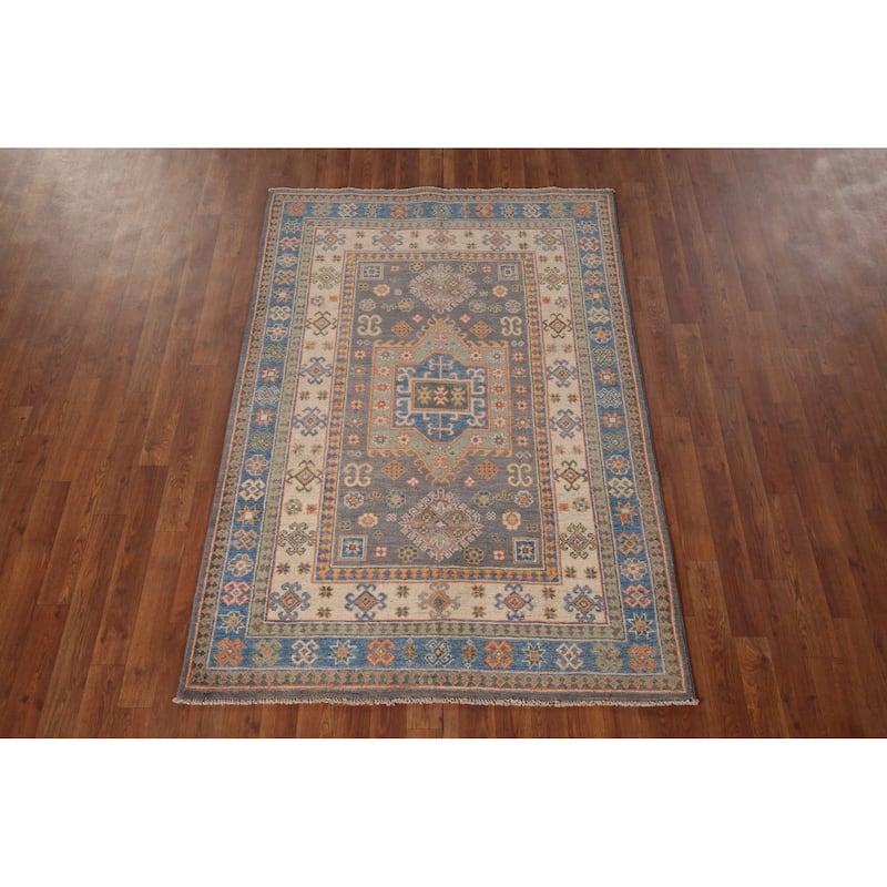 Geometric Kazak Accent Rug Hand-Knotted Wool Carpet - 3'11" x 5'9"