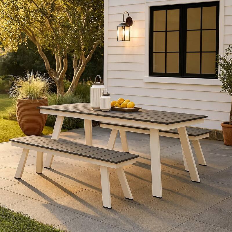 Zia 54 Inch Outdoor Dining Bench, Gray Polyresin Top, White Aluminum Frame
