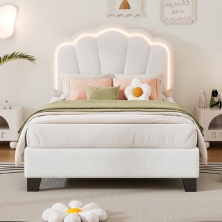 Twin Size Upholstered Flower-Shape Bed with LED Light Strip, Sherpa Fabric Platform Bed with Wooden Slats Support, White