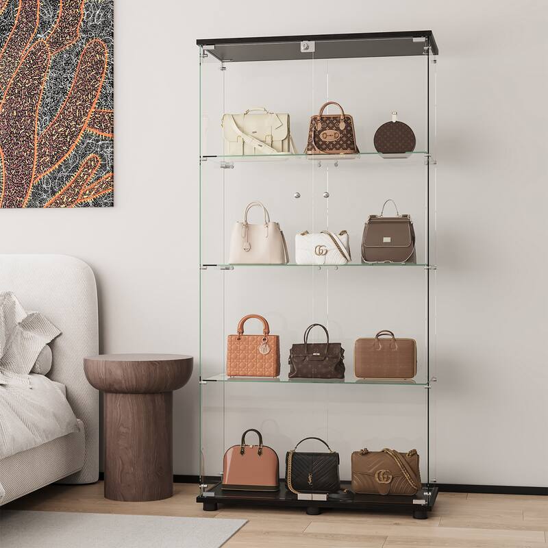 Glass Display Cabinet With 4-Shelf Double Doors And Lock, Curio Cabinet 5mm Tempered Glass Floor Standing Bookshelf