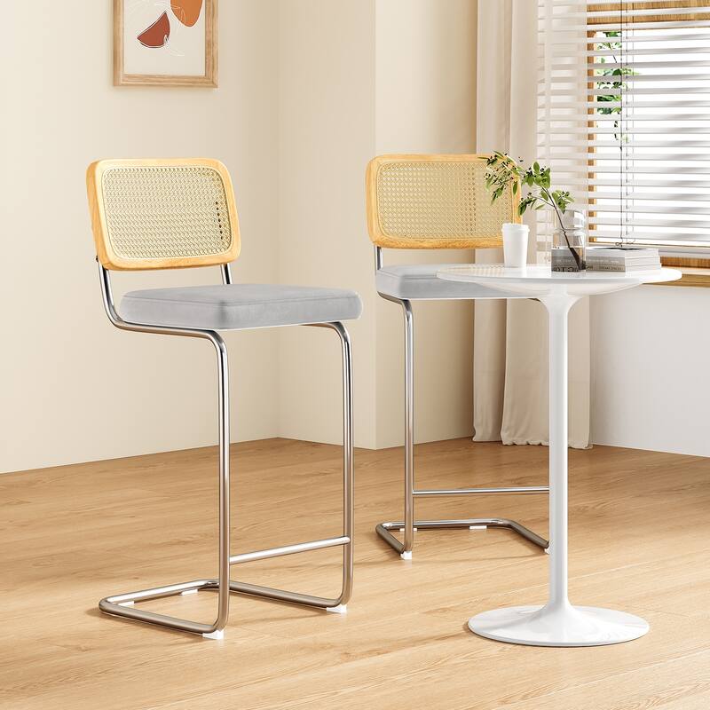 Counter Height Bar Stools Set Of 2, Upholstered Barstools With Rattan Back,30 Inch Stools Armless Bar Chairs