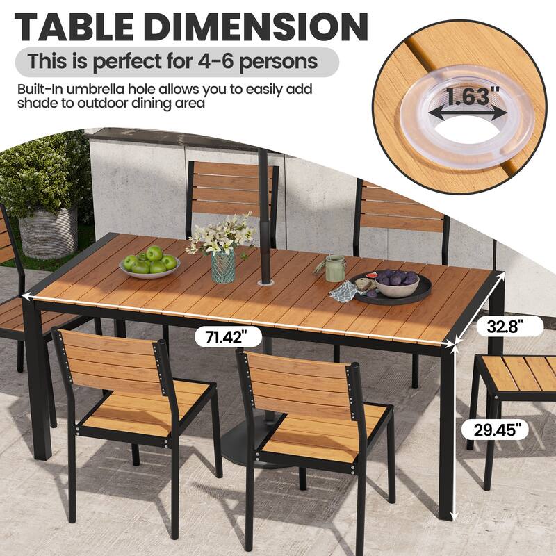 Outdoor 7-Piece Patio Dining Set Stackable Chairs and Dining Table with Umbrella Hole