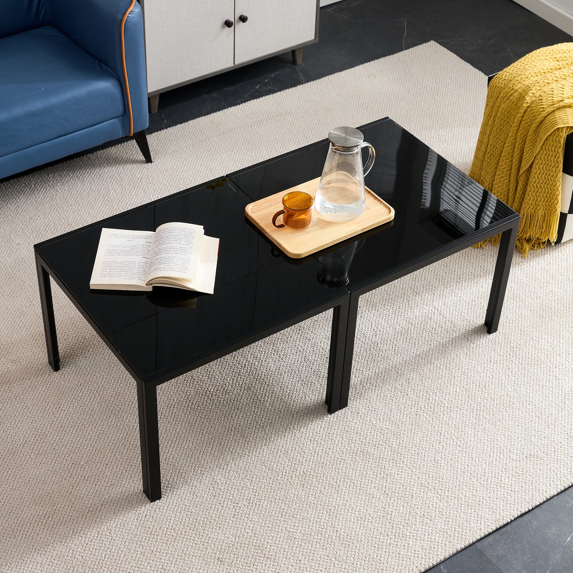 Coffee Table Set of 2, Square Modern Table with Tempered Glass