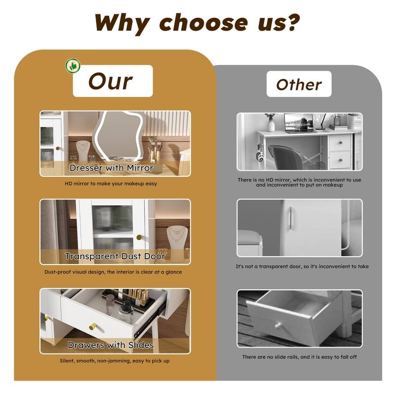 Anmytek Lighted Sliding Mirror Vanity Desk - 4 Drawers, 9 Storage Spaces,Power Outlets and Cushioned Stool