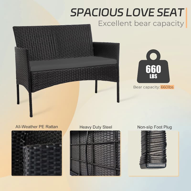 4 Piece Patio Conversation Wicker Furniture Set, Outdoor Rattan Sectional Furniture Set With Cushions