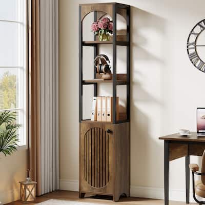 70.87" Tall Narrow Bookshelf with Louvered Door Cabinet, Industrial Corner Shelf for Living Room