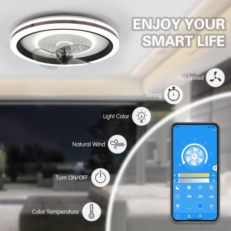 Cusp Barn 19-inch Modern Low Profile Smart Ceiling Fan with Lights and APP Remote Control Flush Mount Dimmable LED Ceiling Light
