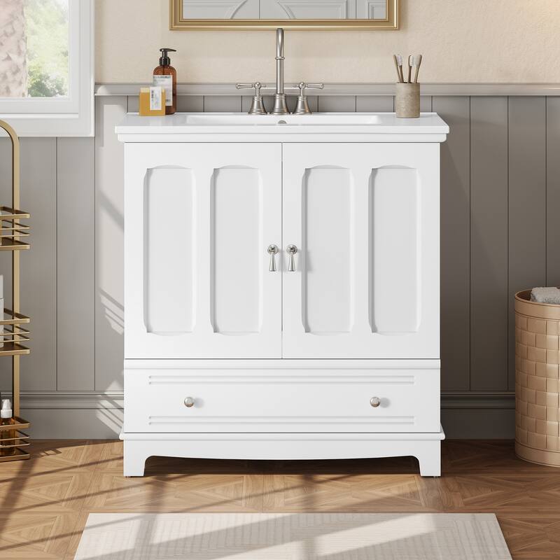 30" Bathroom Vanity with Ceramic Sink, Solid Wood Frame Bathroom Sink Cabinet with Adjustable Shelf, Drawer with Divider