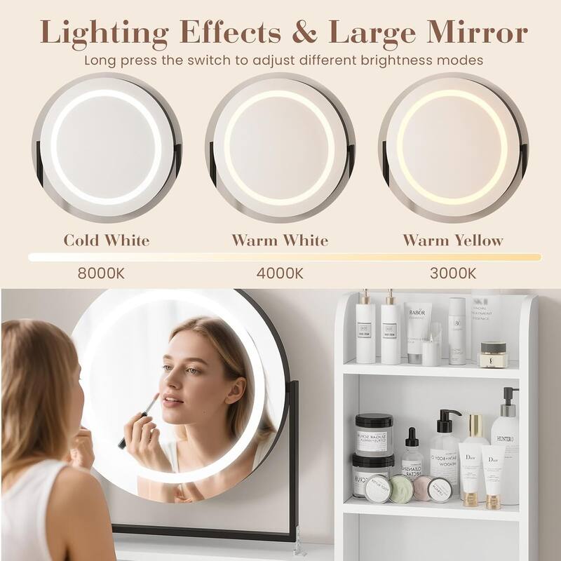 2 Drawer Makeup Vanity Desk Set with Mirror and Light for Bedroom, Dressing Room