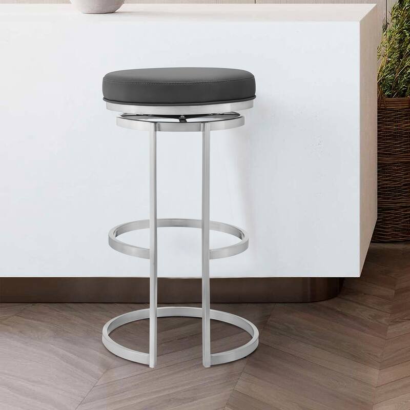 HomeRoots 26" Gray Faux Leather And Iron Swivel Backless Counter Height Bar Chair - 17 x 26 x 17