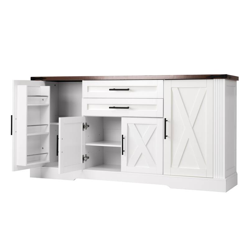 63"Farmhouse Barn Door Storage Cabinet with 2 Drawers & Door Rack, Large Buffet Bar Cabinets with Adjustable Shelves