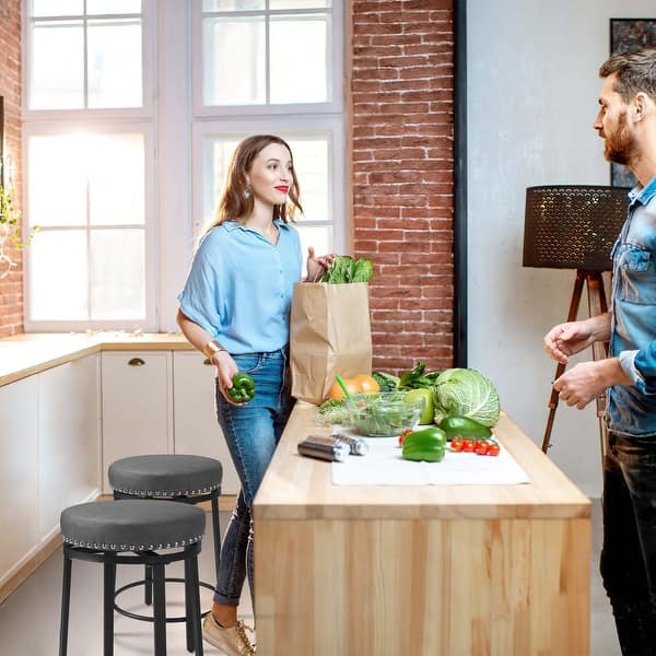 JONPONY Grey 24"" Counter Height Bar Stools Set Of 2, Backless, Upholstered Faux Leather, Kitchen & Island, Grey