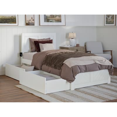 Twin XL Platform Bed with Storage & Footboard - Modern Bedroom Furniture Set - White Finish