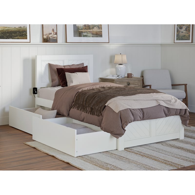 Twin XL Platform Bed with Storage & Footboard - Modern Bedroom Furniture Set - White Finish