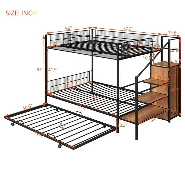 dimension image slide 0 of 2, Twin over Full Metal Bunk Bed with Trundle & Lateral Storage Ladder and Wardrobe, White
