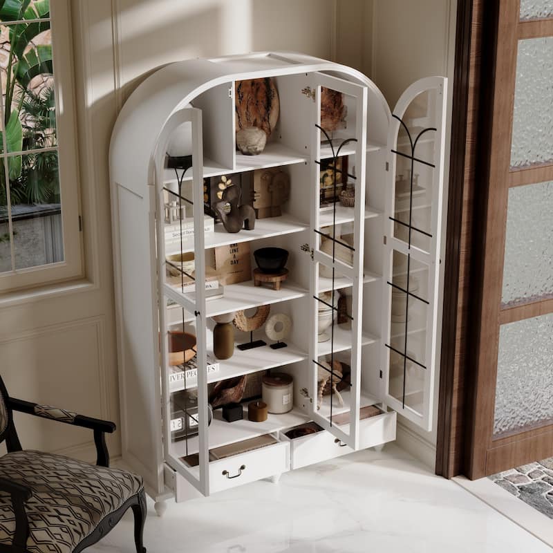 Glass Door Display Cabinet with Storage DrawersBookcase with Wooden Legs