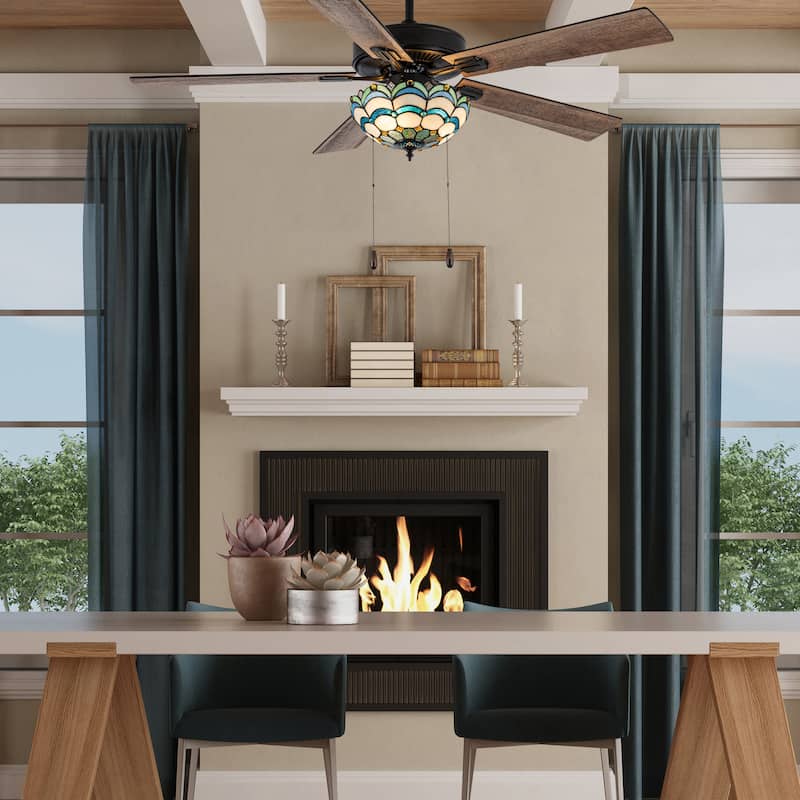 Yves River of Goods Multicolored Oil-Rubbed Bronze and Stained Glass 3-Light 52-Inch Ceiling Fan - 52" x 52" x 14.75"/19.75"