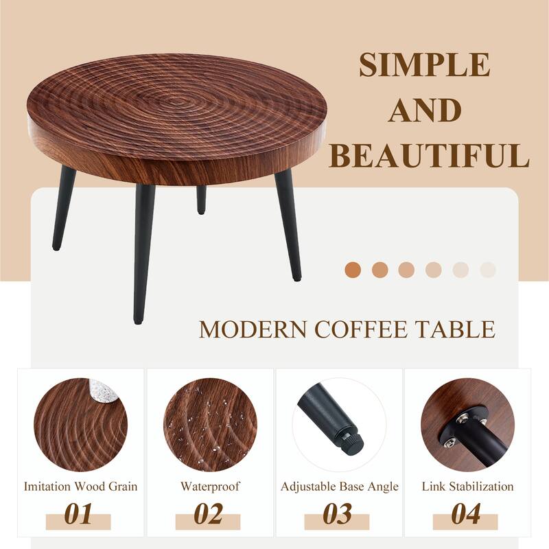 Roomfitters 23.6" Round Coffee Table with Natural Wood Grain Texture and Black Metal Legs