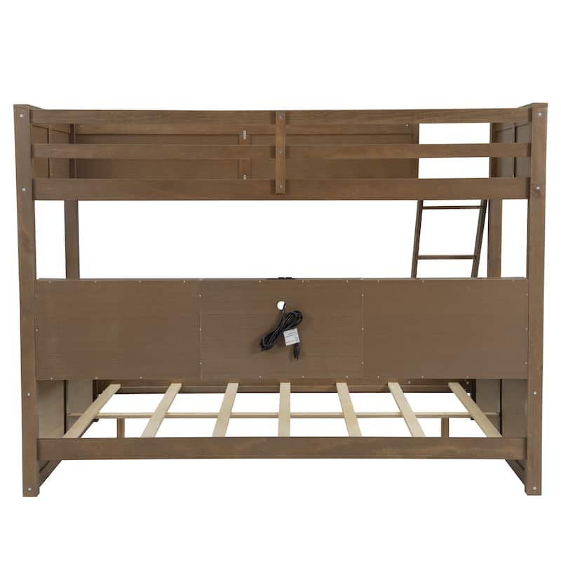 Wooden Bunk Bed with Charging Station & Storage Cabinets