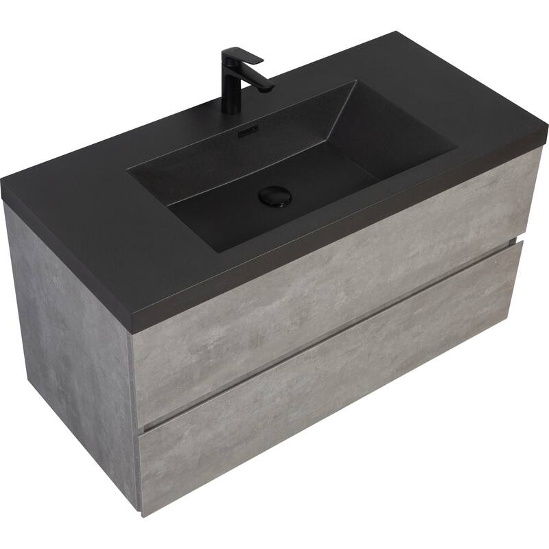 36" Wall-Mounted Floating Vanity with Premium Quartz Sand Basin, Grey Modern Storage Cabinet