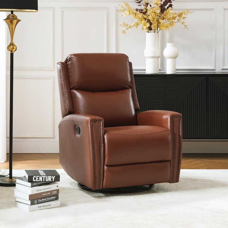 Fiacro 30.31"Wide Modern Genuine Leather Wingback Swivel Rocker Recliner with Nailhead Trims - BROWN