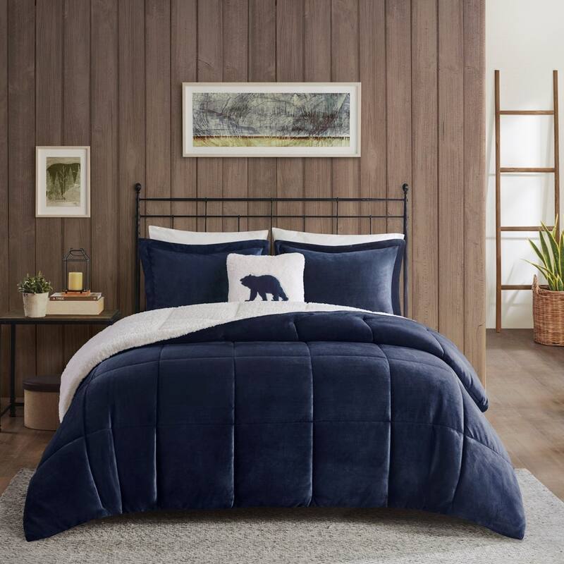 GDF Studio - Alton Plush to Sherpa Down Alternative Comforter Set - Navy & Ivory. - Navy+Ivory (King).