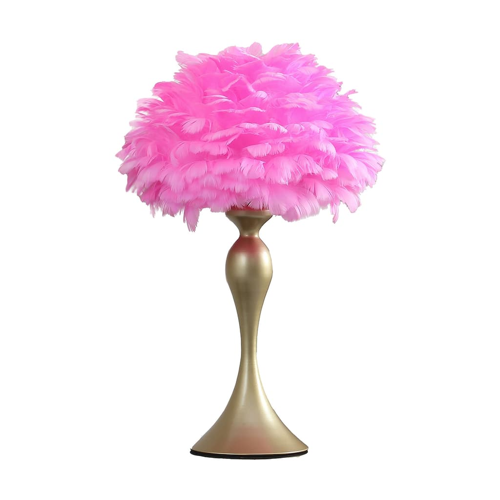 Lily 24 Inch Metal Glam Feather Table Lamp, Candlestick, 40W, Pink, Gold