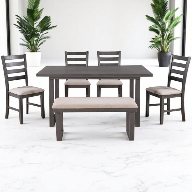 6-Piece Dining Set, Solid Wood Dining Table with 4 Upholstered Chairs & Bench, Minimalist Design for Kitchen, Dining Room
