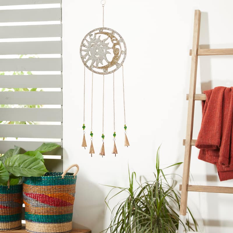 Silver Metal Indoor Outdoor Embellished Moon and Sun Windchime with Glass Beads and Bells - 10 x 1 x 31