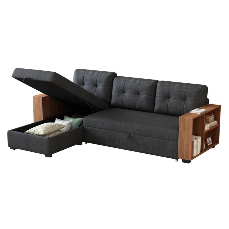 Upholstered Pull Out Convertible Sectional Sofa with Storage Chaise