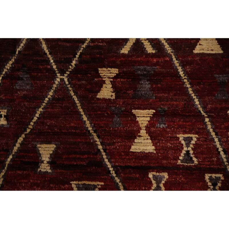 Hand Knotted Oriental 100% Wool Carpet Modern Tribal Red Moroccan Area Rug - 9' 9'' X 7' 0''