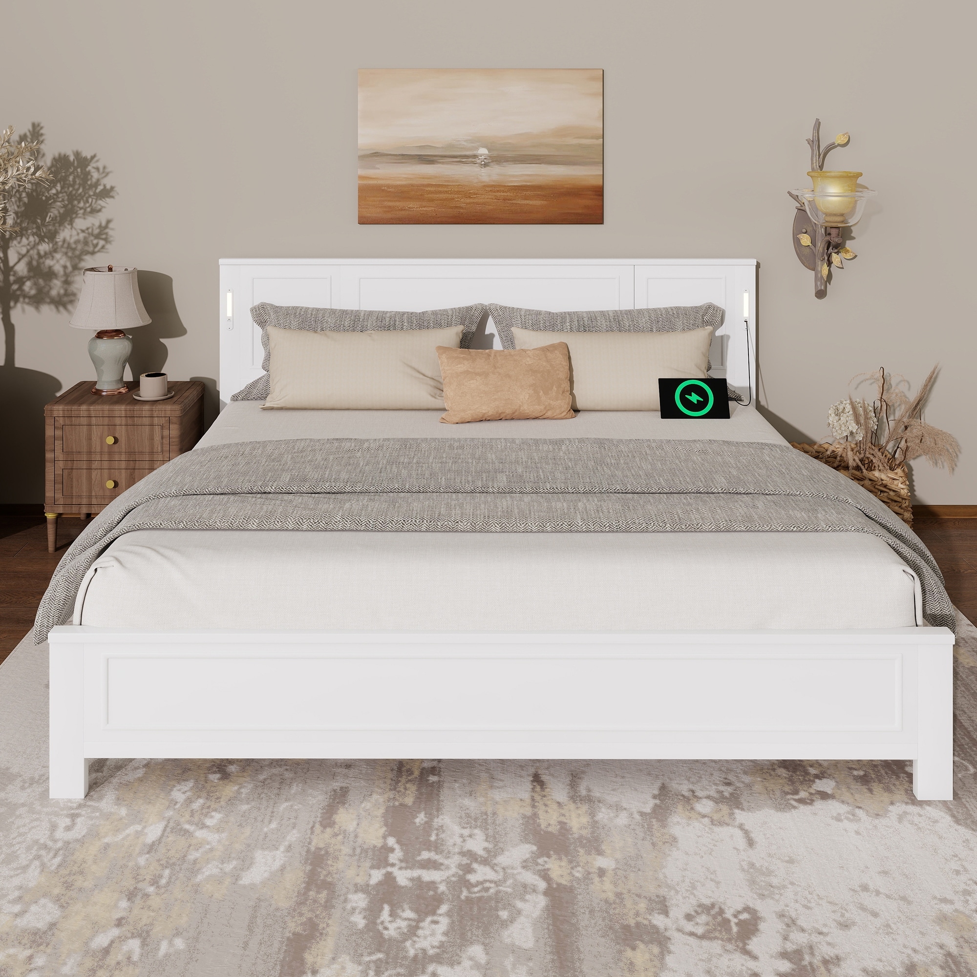 King Size Bed With Tall-Panel Headboard & Footboard, Built-In Led Lights, Usb Charging Station